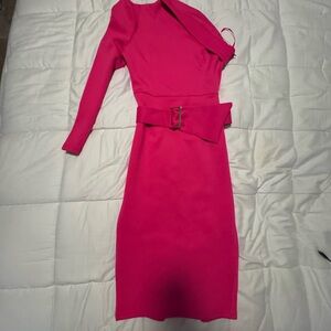 Elegant One-Shoulder Fuchsia Dress with Belt